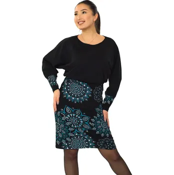 Dámské šaty Himalife Šaty s dlouhým rukávem Alisha - černá s tyrkysovou Velikost: XXL/3XL - Móda pro plnoštíhlé, Oblečení nadměrné velikosti