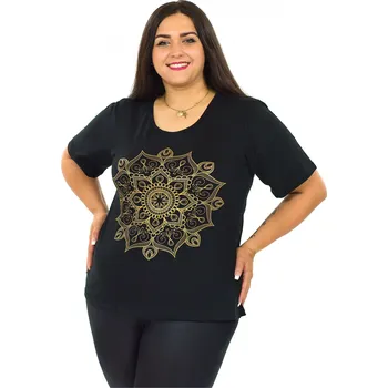 Dámské tričko Himalife Tričko s krátkým rukávem Lukla - černá se zlatou Velikost: 4XL - Móda pro plnoštíhlé, Oblečení nadměrné velikosti