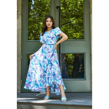 Dámské šaty Himalife Zavinovací šaty s volány Butterfly - bílá s tyrkysovou Velikost: 4XL - Móda pro plnoštíhlé, Oblečení nadměrné velikosti