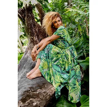 Dámské šaty Himalife Dlouhé zavinovací šaty Yena - bílá se zelenou Velikost: XXL/3XL - Móda pro plnoštíhlé, Oblečení nadměrné velikosti