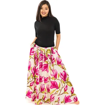 Dámská sukně Himalife Maxi sukně s kapsami Magnólie - bílá s růžovou Velikost: L/XL - Móda pro plnoštíhlé, Oblečení nadměrné velikosti