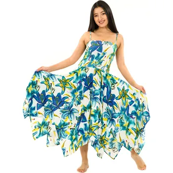 Dámské šaty Himalife Šaty-sukně 2v1 Dawa Lilie - bílá s tyrkysovou Velikost: L/XL - Móda pro plnoštíhlé, Oblečení nadměrné velikosti