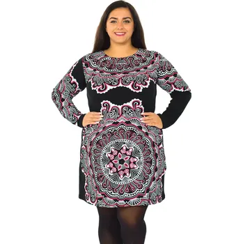 Dámské šaty Himalife Šaty s dlouhým rukávem Kailua - černá s bílou a červenou Velikost: 3XL - Móda pro plnoštíhlé, Oblečení nadměrné velikosti