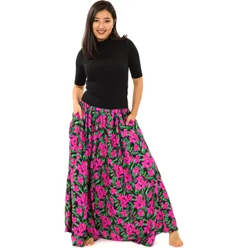 Dámská sukně Himalife Maxi sukně s kapsami Plumeria - zelená s růžovou Velikost: XXL/3XL - Móda pro plnoštíhlé, Oblečení nadměrné velikosti
