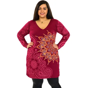 Dámské šaty Himalife Šaty s dlouhým rukávem Angama - vínová Velikost: 4XL - Móda pro plnoštíhlé, Oblečení nadměrné velikosti