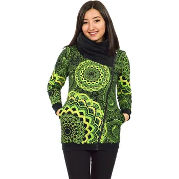 Dámská mikina Himalife Hřejivá mikina na zip s maxi límcem Pahala - černá se zelenou Velikost: XXL - Móda pro plnoštíhlé, Oblečení nadměrné velikosti