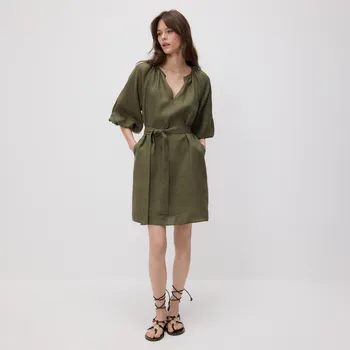 Dámské šaty Reserved - Lněné šaty s vázáním - olivová - 5140V-91X - 5140V-91X-XS