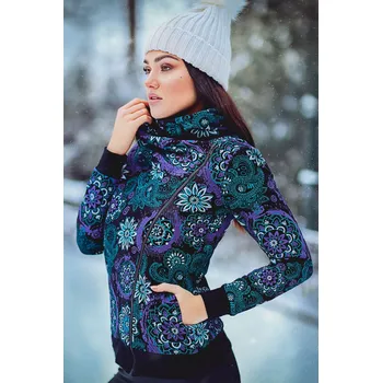 Dámská mikina Himalife Hřejivá mikina na zip s maxi límcem Tonga - černá s tyrkysovou a fialovou Velikost: 4XL - Móda pro plnoštíhlé, Oblečení nadměrné velikosti