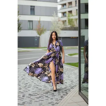 Dámské šaty Himalife Dlouhé zavinovací šaty Astra - černá s fialovou a zlatou Velikost: L/XL - Móda pro plnoštíhlé, Oblečení nadměrné velikosti