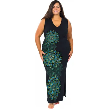 Dámské šaty Himalife Dlouhé šaty Kaira - černá se zelenou Velikost: XL - Móda pro plnoštíhlé, Oblečení nadměrné velikosti