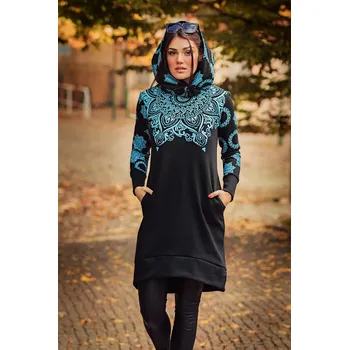 Dámská mikina Himalife Šatomikina Ohana s maxi kapucí - černá s tyrkysovou Velikost: XXL - Móda pro plnoštíhlé, Oblečení nadměrné velikosti
