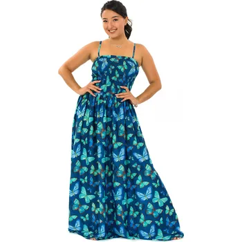 Dámské šaty Himalife Dlouhé šaty s kapsami Motýli - modrá s tyrkysovou Velikost: L/XL - Móda pro plnoštíhlé, Oblečení nadměrné velikosti