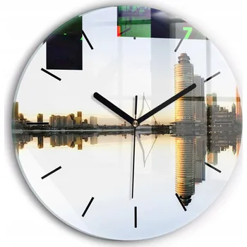 Hodiny Moderní skleněné hodiny s grafikou na zeď Město nad řekou kulatý průměr 30 cm