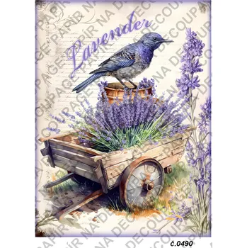 Umělecký papír Rýžový a soft papír na decoupage - Ptáček s levandulí - KB0490 Materiál: Soft, Rozměr: A4