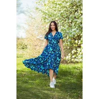 Dámské šaty Himalife Zavinovací šaty s volány Motýli - modrá s tyrkysovou Velikost: L