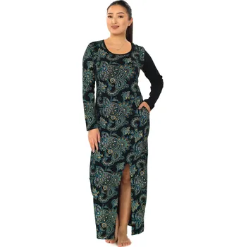 Dámské šaty Himalife Dlouhé šaty s kapsami Etisha - černá s tyrkysovou a béžovou Velikost: 4XL - Móda pro plnoštíhlé, Oblečení nadměrné velikosti