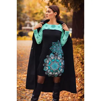 Dámské šaty Himalife Balonové šaty s dlouhým rukávem Aruba - černá s tyrkysovou Velikost: XXL - Móda pro plnoštíhlé, Oblečení nadměrné velikosti