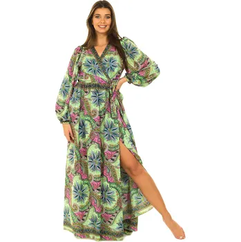 Dámské šaty Himalife Zavinovací šaty s dlouhým rukávem Paisley - limetková s růžovou Velikost: S/M