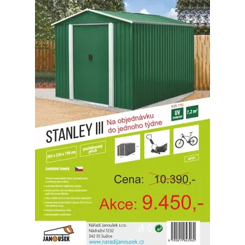 Zahradní domek Domek STANLEY III zahradní PZ zelený 7,2m2 3x2,4x1,9m