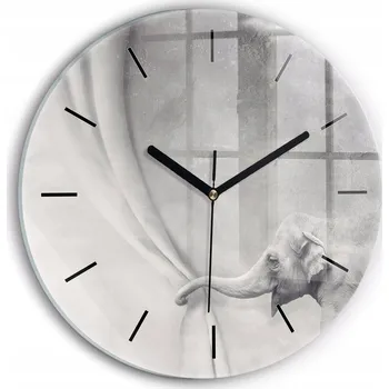 Hodiny Čtvercové Skleněné Foto Hodiny na Zeď do Moderního Interiéru Slon průměr 30 cm
