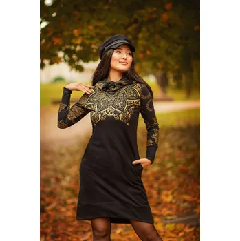 Dámská mikina Himalife Šatomikina Ohana s maxi kapucí - černá s metalickou zlatou Velikost: XXL - Móda pro plnoštíhlé, Oblečení nadměrné velikosti