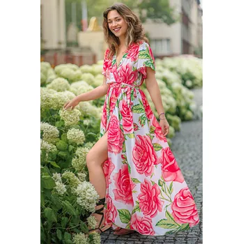 Dámské šaty Himalife Dlouhé zavinovací šaty Lara - bílá s růžovou Velikost: L/XL - Móda pro plnoštíhlé, Oblečení nadměrné velikosti