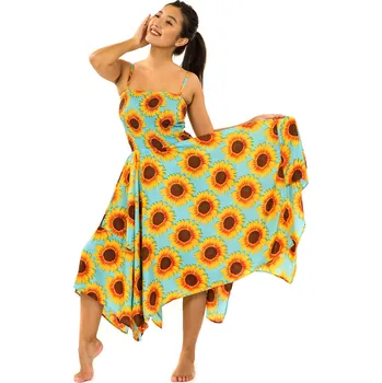 Dámské šaty Himalife Šaty-sukně 2v1 Dawa Slunečnice - tyrkysová se žlutou Velikost: L/XL - Móda pro plnoštíhlé, Oblečení nadměrné velikosti
