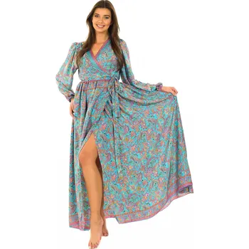 Dámské šaty Himalife Zavinovací šaty s dlouhým rukávem Paisley - tyrkysová s fialovou Velikost: L/XL - Móda pro plnoštíhlé, Oblečení nadměrné velikosti