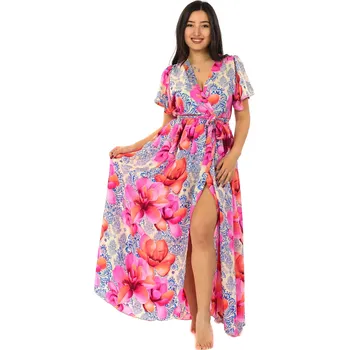 Dámské šaty Himalife Dlouhé zavinovací šaty Vayana - modrá s růžovou Velikost: S/M