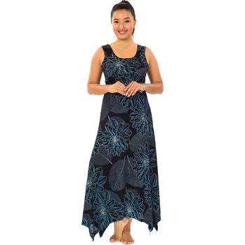 Dámské šaty Himalife Dlouhé cípaté šaty Tula - černá s modrou a šedou Velikost: XXL/3XL - Móda pro plnoštíhlé, Oblečení nadměrné velikosti
