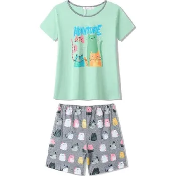 Dívčí pyžamo DÍVČÍ PYŽAMO S KOČKAMI A KRÁTKÝM RUKÁVEM NOVINKA Barva: Zelinkavá, Velikost: 152