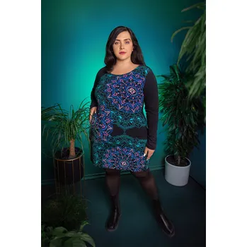 Dámské šaty Himalife Šaty s dlouhým rukávem Adra - černá s tyrkysovou a růžovou Velikost: 3XL - Móda pro plnoštíhlé, Oblečení nadměrné velikosti