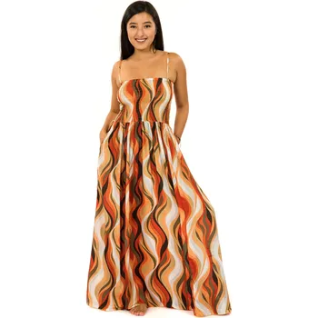 Dámské šaty Himalife Dlouhé šaty s kapsami Vlny - oranžová s béžovou Velikost: L/XL - Móda pro plnoštíhlé, Oblečení nadměrné velikosti