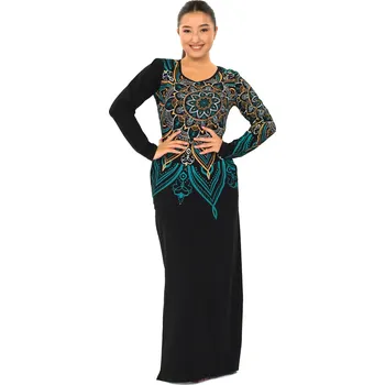 Dámské šaty Himalife Dlouhé šaty s kapsami Nipa - černá s tyrkysovou a béžovou Velikost: 3XL - Móda pro plnoštíhlé, Oblečení nadměrné velikosti