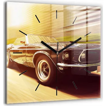 Hodiny Čtvercové Skleněné Nástěnné Hodiny do Kanceláře Klasické staré auto 60x60 cm