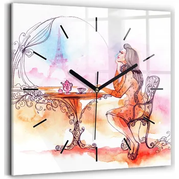 Hodiny Čtvercové skleněné nástěnné hodiny s motivem Žena pijící čaj 30x30 cm