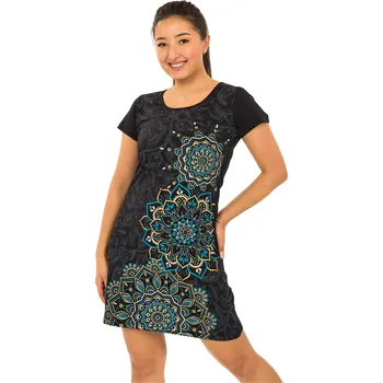 Dámské šaty Himalife Šaty s krátkým rukávem Damsa - černá s tyrkysovou a žlutou Velikost: S