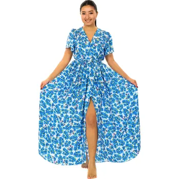 Dámské šaty Himalife Dlouhé zavinovací šaty Pomněnky - bílá s modrou Velikost: L/XL - Móda pro plnoštíhlé, Oblečení nadměrné velikosti