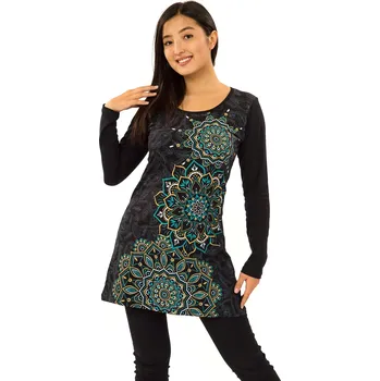 Dámské šaty Himalife Šaty s dlouhým rukávem Taika - černá s tyrkysovou a žlutou Velikost: XXL - Móda pro plnoštíhlé, Oblečení nadměrné velikosti