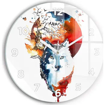 Hodiny Moderní skleněné nástěnné hodiny s potiskem Vlk a Úplněk kulatý průměr 30 cm