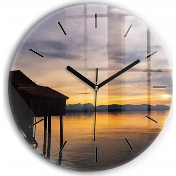 Hodiny Moderní skleněné nástěnné hodiny Západ slunce nad jezerem kulatý průměr 30 cm