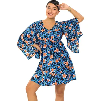 Dámské šaty Himalife Šaty s maxi rukávy Plumeria - tyrkysová s oranžovou Velikost: 3XL - Móda pro plnoštíhlé, Oblečení nadměrné velikosti