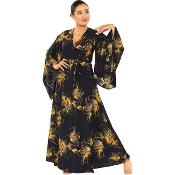 Dámské šaty Himalife Zavinovací šaty s maxi rukávy Lilie - černá se zlatou Velikost: XXL/3XL - Móda pro plnoštíhlé, Oblečení nadměrné velikosti