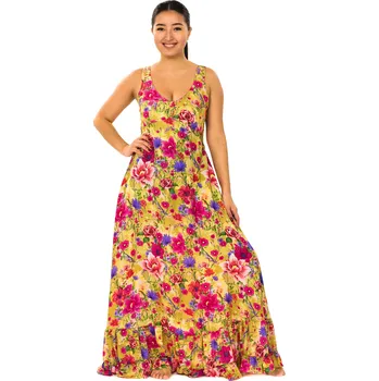 Dámské šaty Himalife Dlouhé šaty s volány Flora - žluté s barvami Velikost: L/XL - Móda pro plnoštíhlé, Oblečení nadměrné velikosti