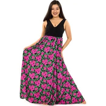 Dámské šaty Himalife Dlouhé maxi šaty Plumeria - zelená s růžovou Velikost: L/XL - Móda pro plnoštíhlé, Oblečení nadměrné velikosti