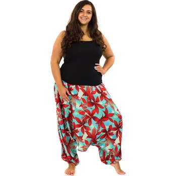 Dámské kalhoty Himalife Kalhoty-šaty-top 3v1 Ibišek - tyrkysová s červenou Velikost: L/XL - Móda pro plnoštíhlé, Oblečení nadměrné velikosti