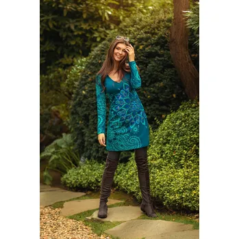 Dámské šaty Himalife Šaty s dlouhým rukávem Angama - petrolejová Velikost: 3XL - Móda pro plnoštíhlé, Oblečení nadměrné velikosti