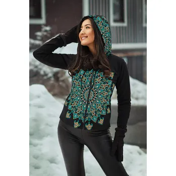 Dámská mikina Himalife Hřejivá mikina na zip s kapucí Rana - černá s tyrkysovou a béžovou Velikost: 4XL - Móda pro plnoštíhlé, Oblečení nadměrné velikosti