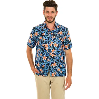 Pánská košile Himalife Pánská košile Plumeria - tyrkysová s oranžovou Velikost: 4XL - Móda pro plnoštíhlé, Oblečení nadměrné velikosti