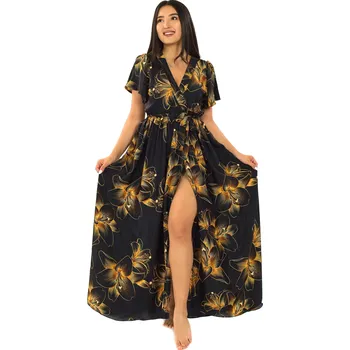 Dámské šaty Himalife Dlouhé zavinovací šaty Lilie - černá se zlatou Velikost: L/XL - Móda pro plnoštíhlé, Oblečení nadměrné velikosti